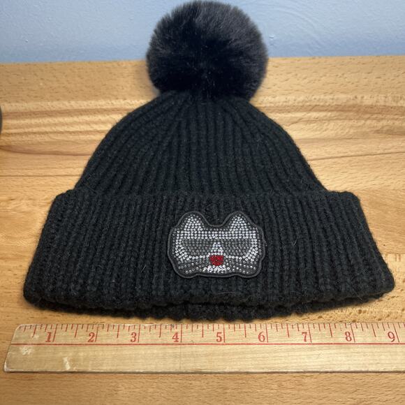 KARL LAGERFELD Womens Knit Beanie Hat Rhinestone Cat Logo Black Pom Pom Winter - Picture 8 of 10